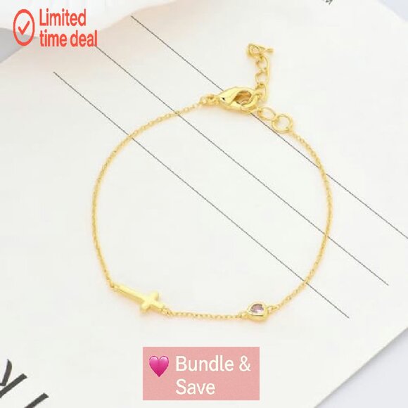 14K Gold Plated Cross Birthstone Bracelet, Adjustable, Religious Gift - Picture 6 of 8